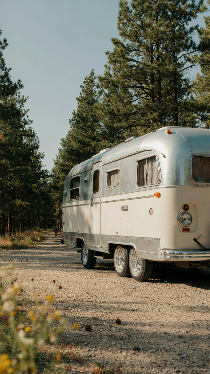 A vintage travel trailer shows crisp lines between its paint and trim.