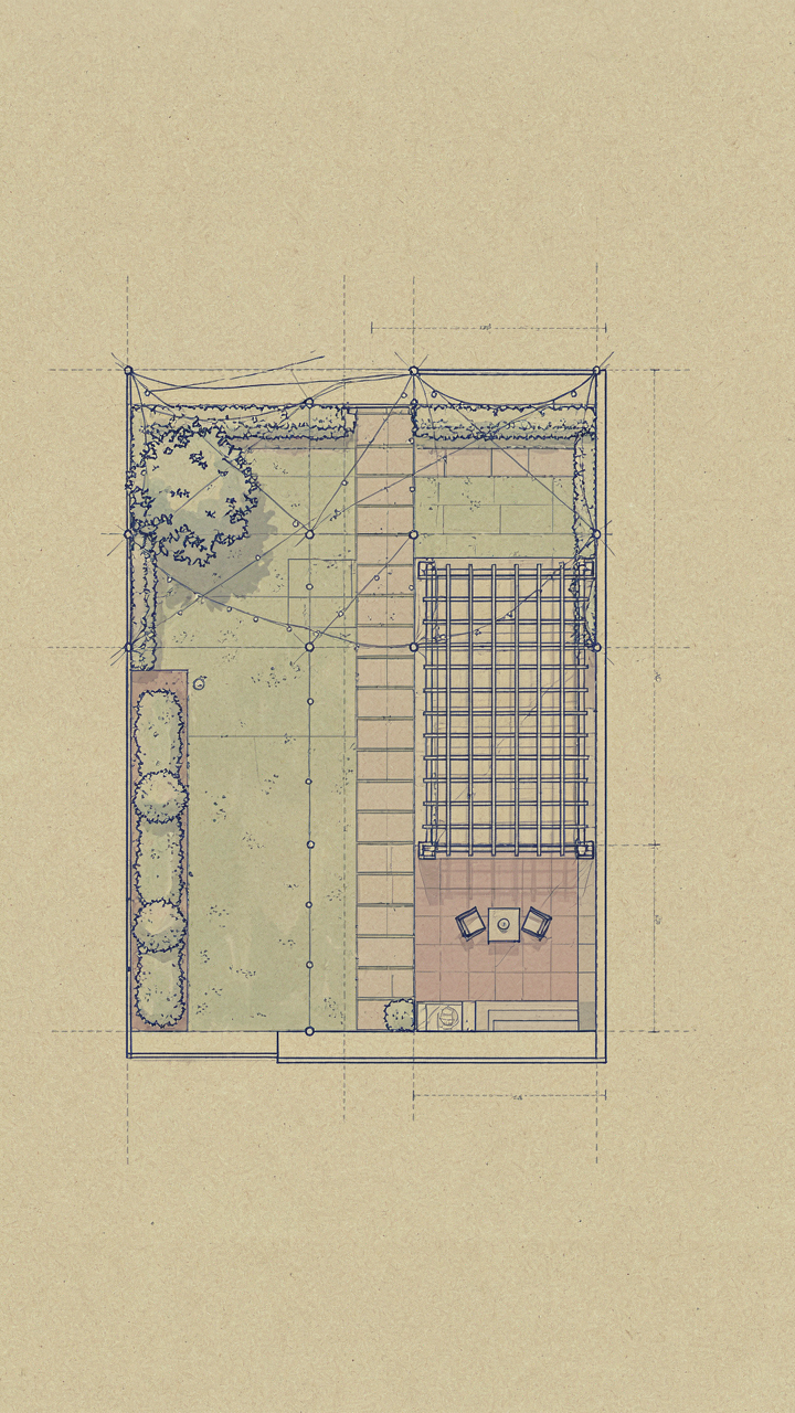 An architectural blueprint shows a detailed design for a string light canopy.