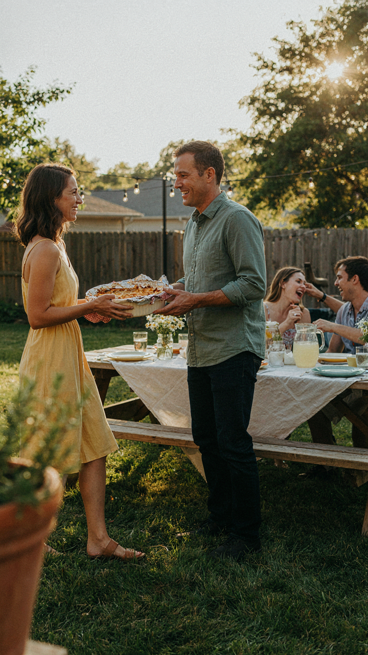 A party guest bringing a dish to a smiling host at a backyard party.