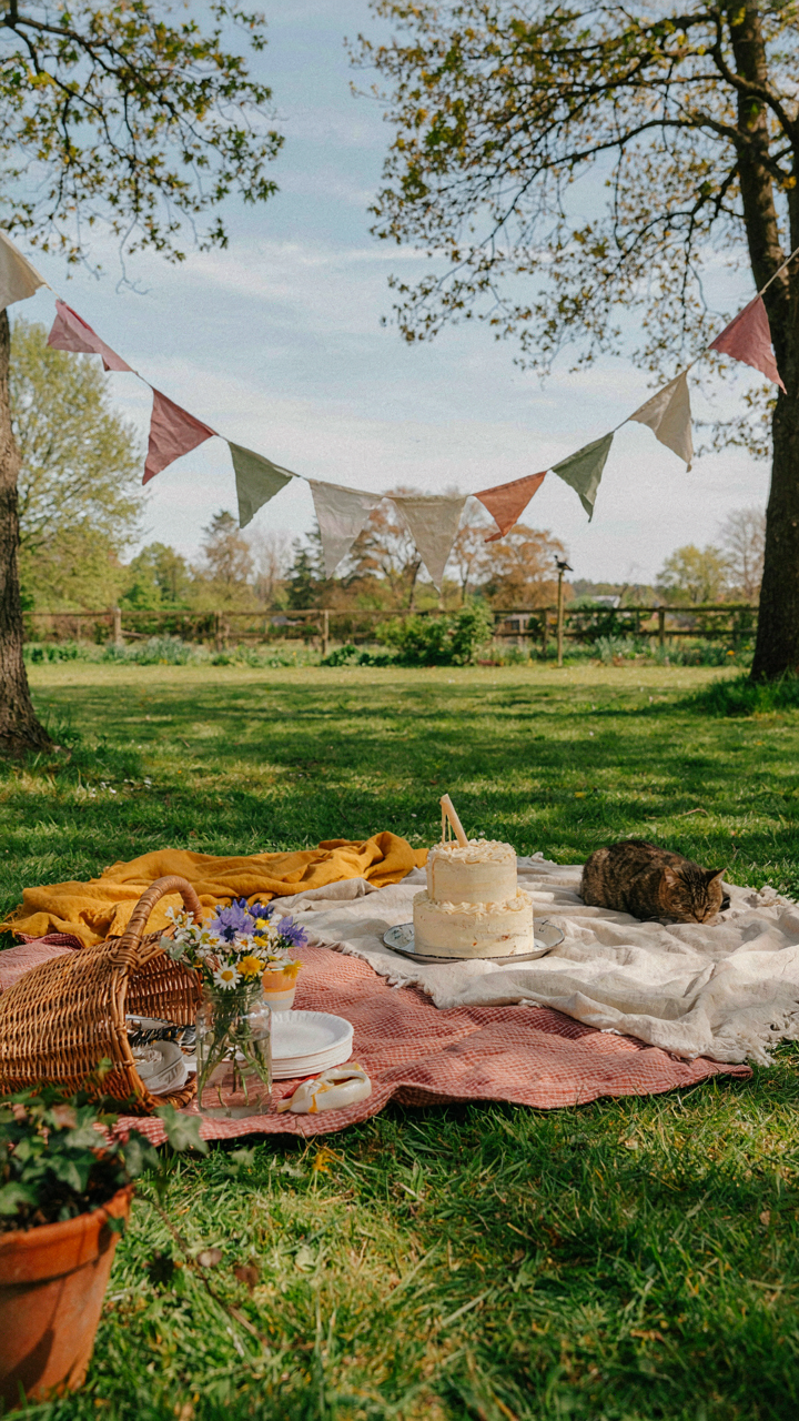 A charming, slightly imperfect picnic setup with a handmade banner.