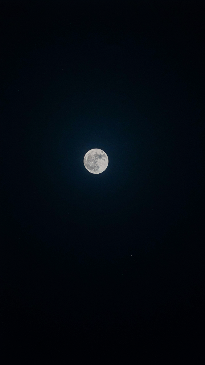 A single full moon shines brightly in a dark night sky.