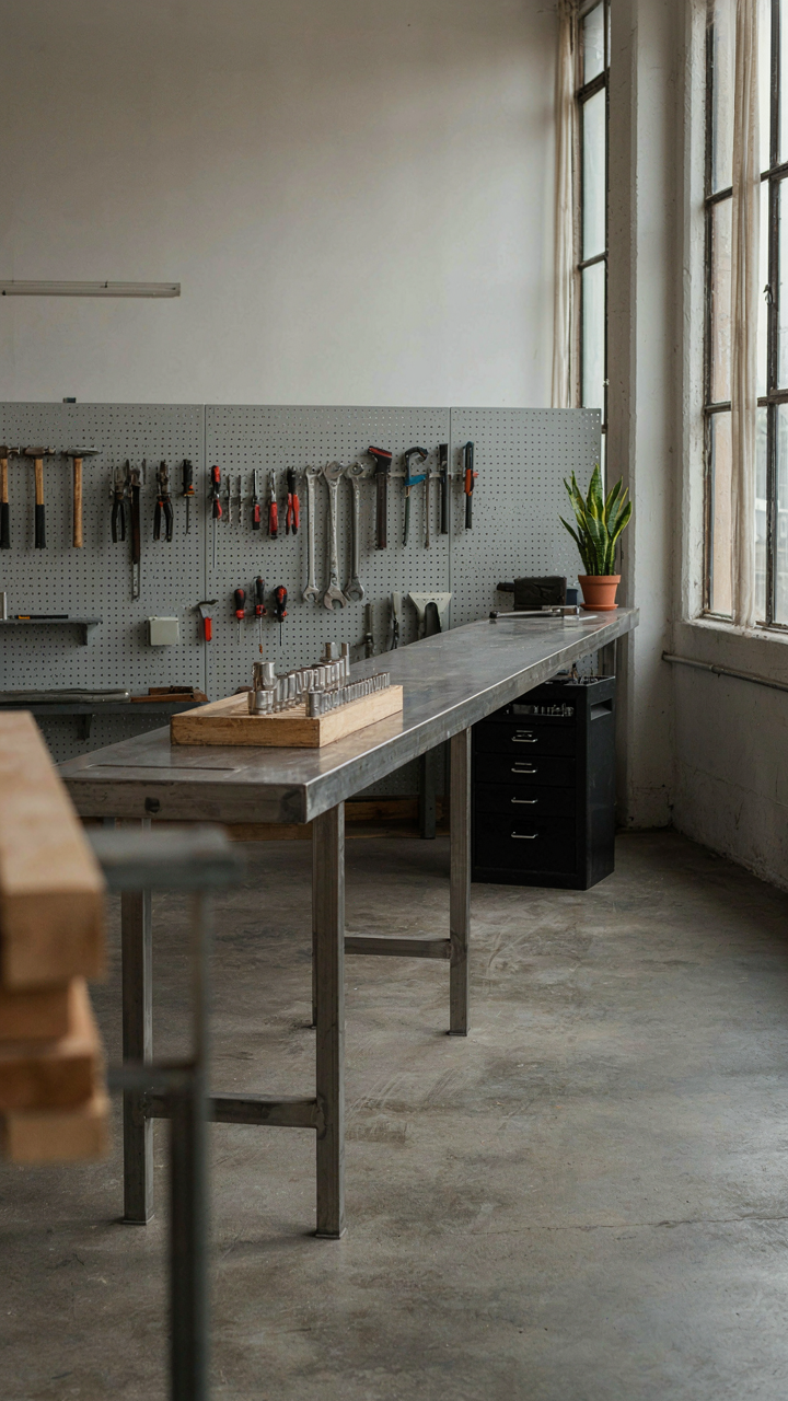 A clean industrial workshop with tools neatly organized on pegboards.