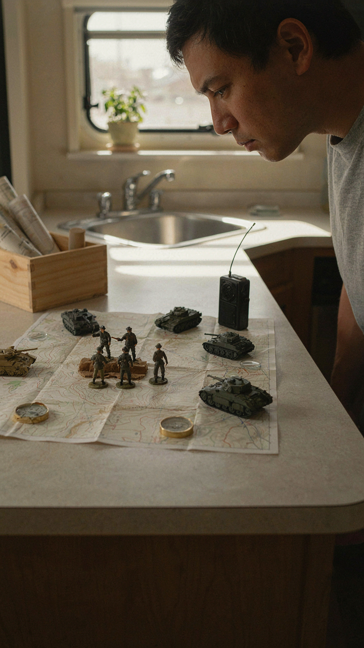 A tiny military command center is set up on an RV kitchen counter.
