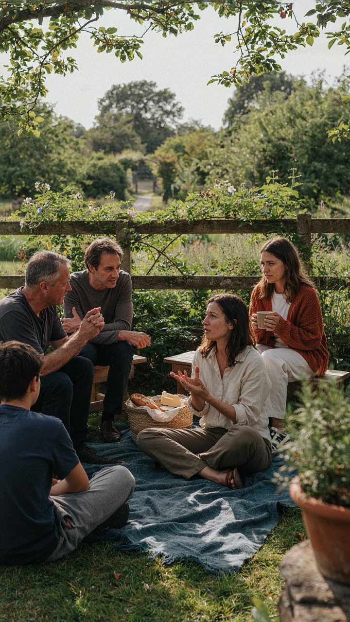 Friends chat closely on blankets and benches in a garden setting.