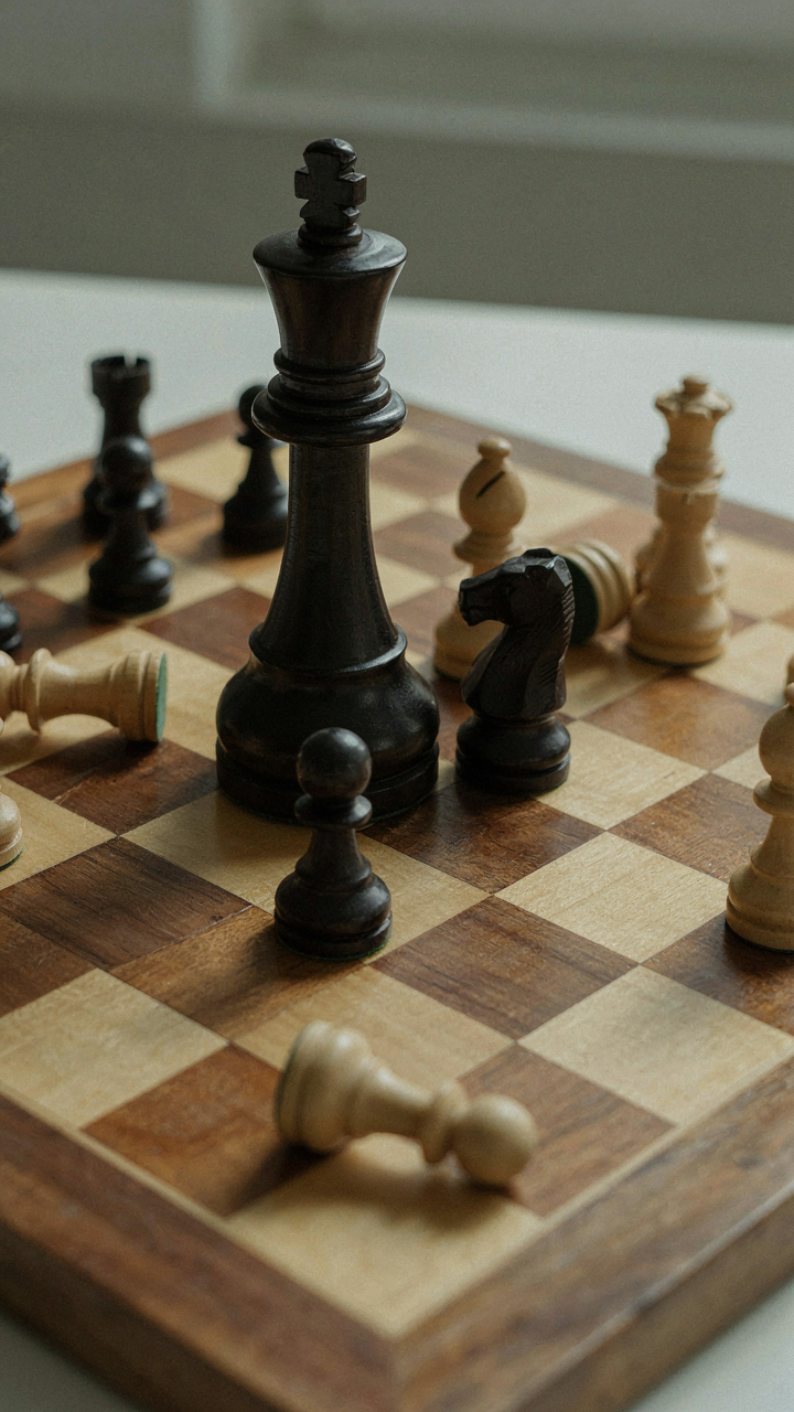 A chessboard with one large chess piece dominating smaller ones.