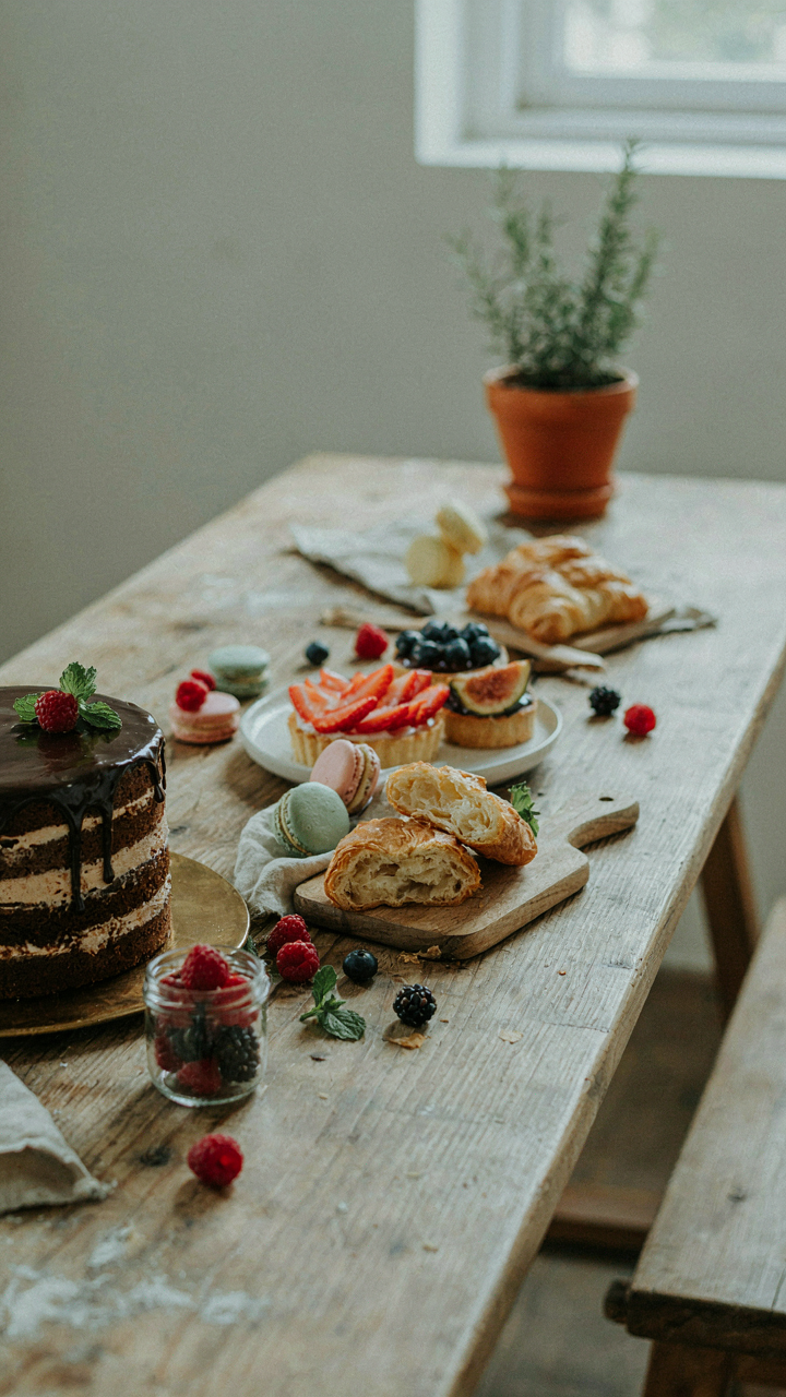 An artfully asymmetrical arrangement of desserts on a long table.