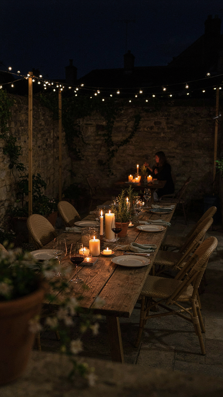 A cozy outdoor dining area at night is lit by many flickering candles and string lights.