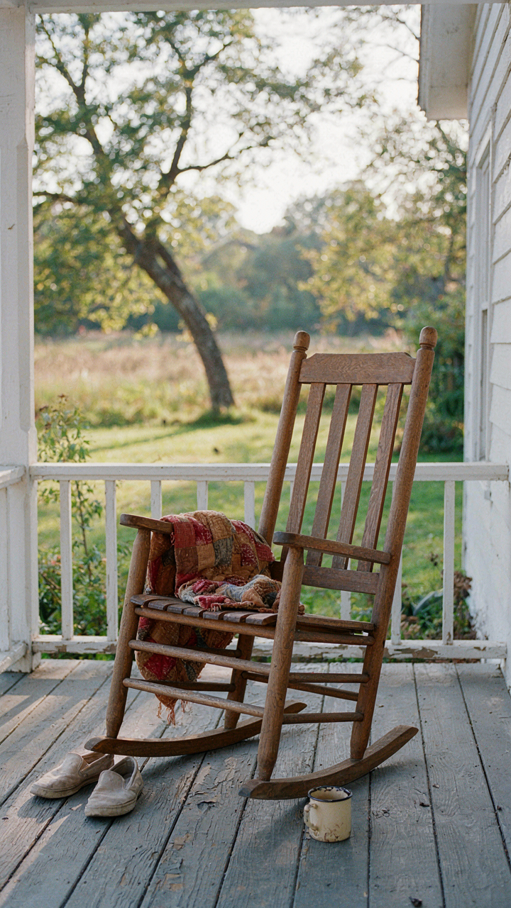 A handcrafted wooden rocking chair with a worn quilt on a porch.