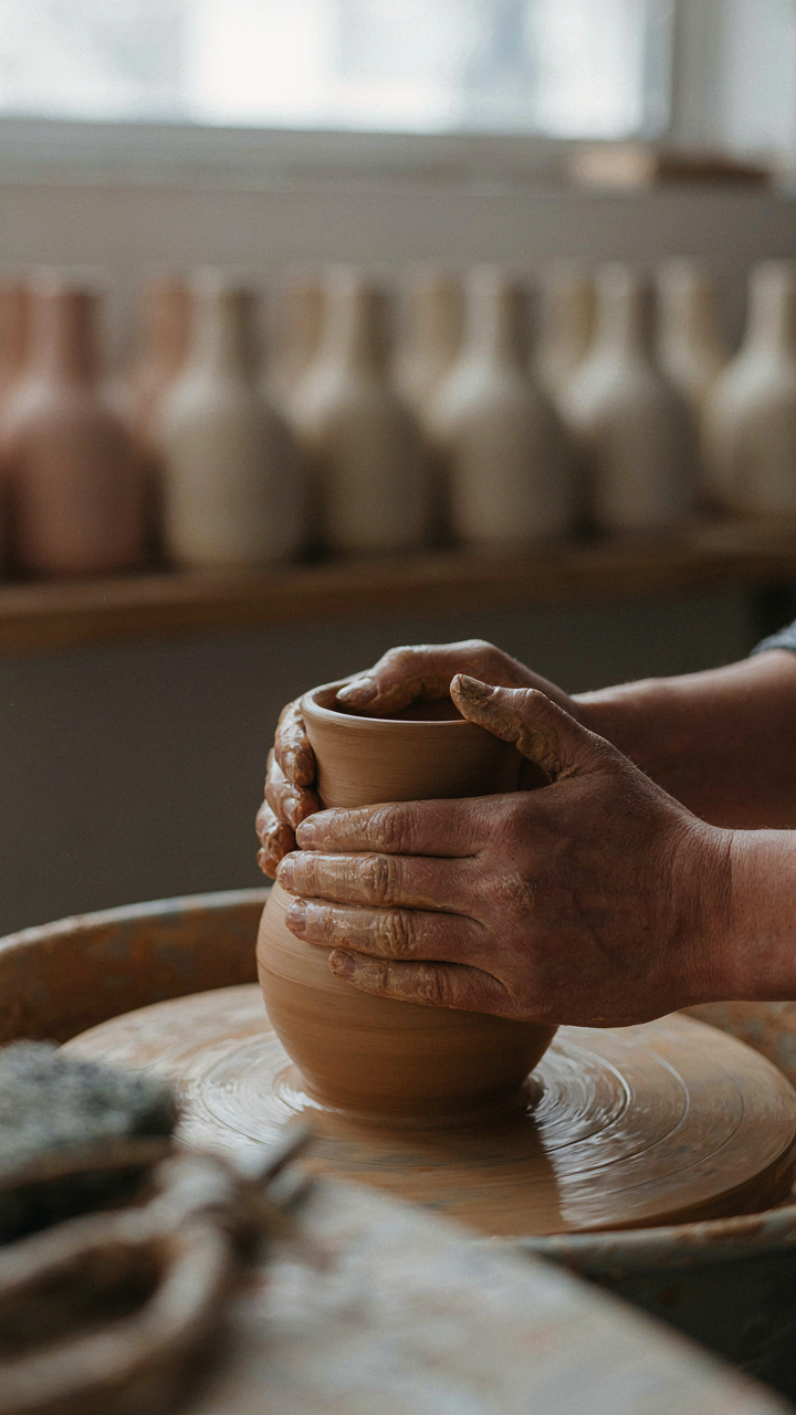 A potter's hands shape a unique clay vase on a pottery wheel.
