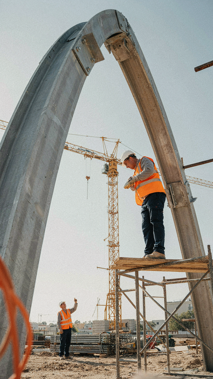 A construction worker builds a sturdy outdoor archway with steel beams.