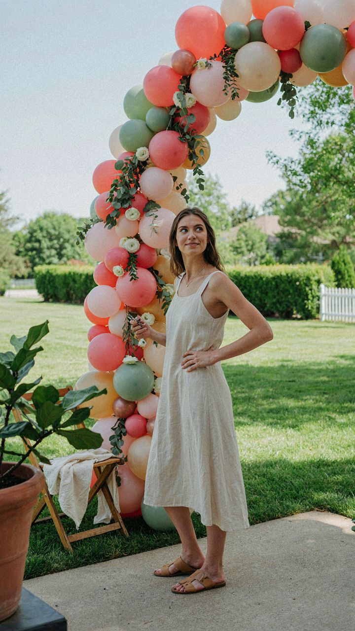 A person stands proudly next to a meticulously crafted backyard balloon garland.