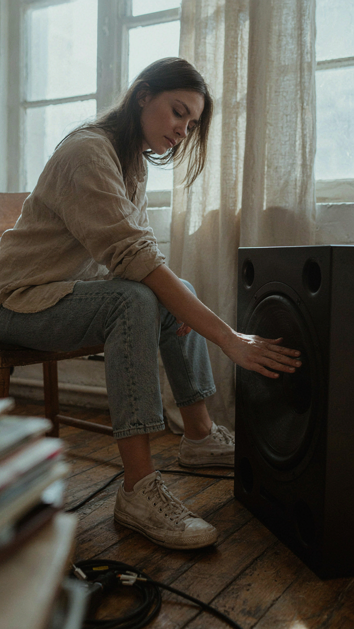 A person feels vibrations from a large bass speaker on the floor.