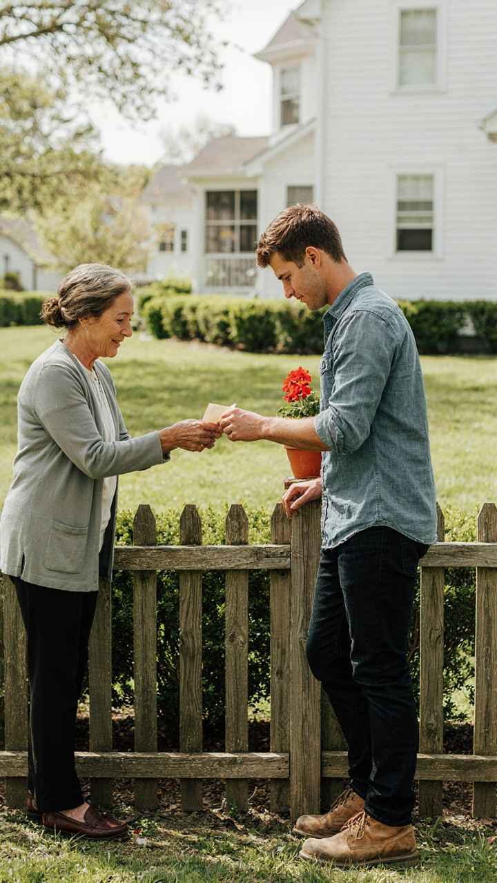A neighbor kindly hands a written note or invitation to another neighbor.