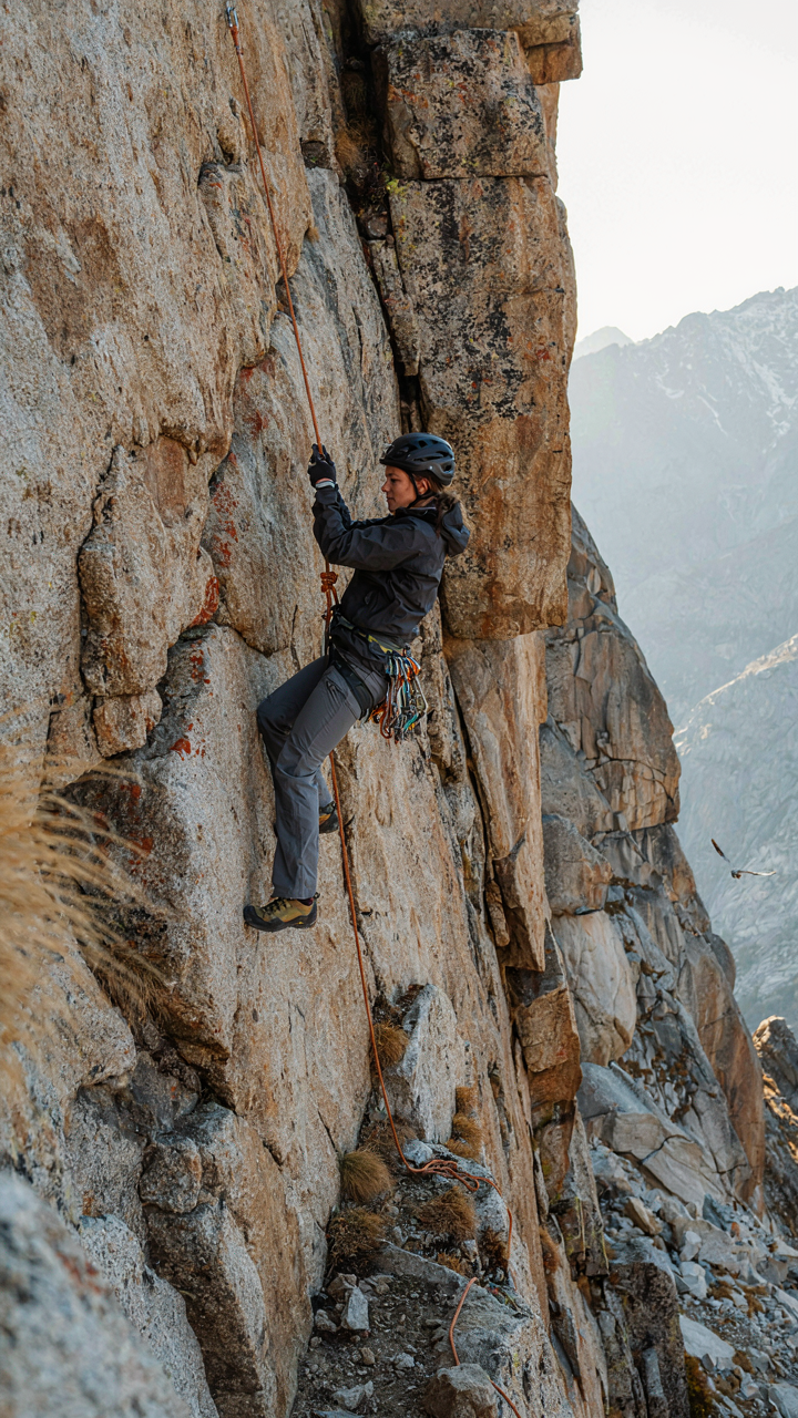 A person rappels down a rocky cliff.