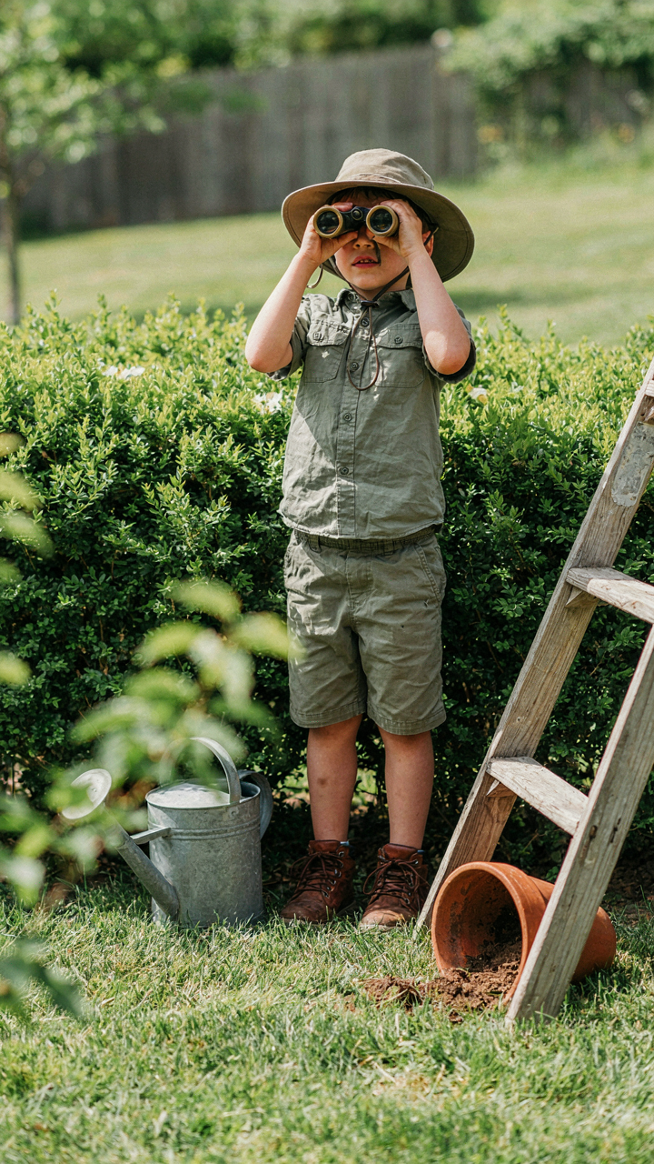 A child in a safari hat looks through backyard bushes with binoculars.