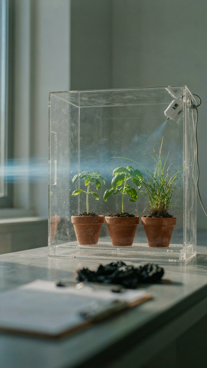 Small plants are tested in a wind tunnel to see wind's effect.