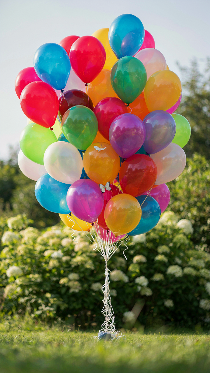 A dense cluster of vibrantly colored balloons against a green garden background.