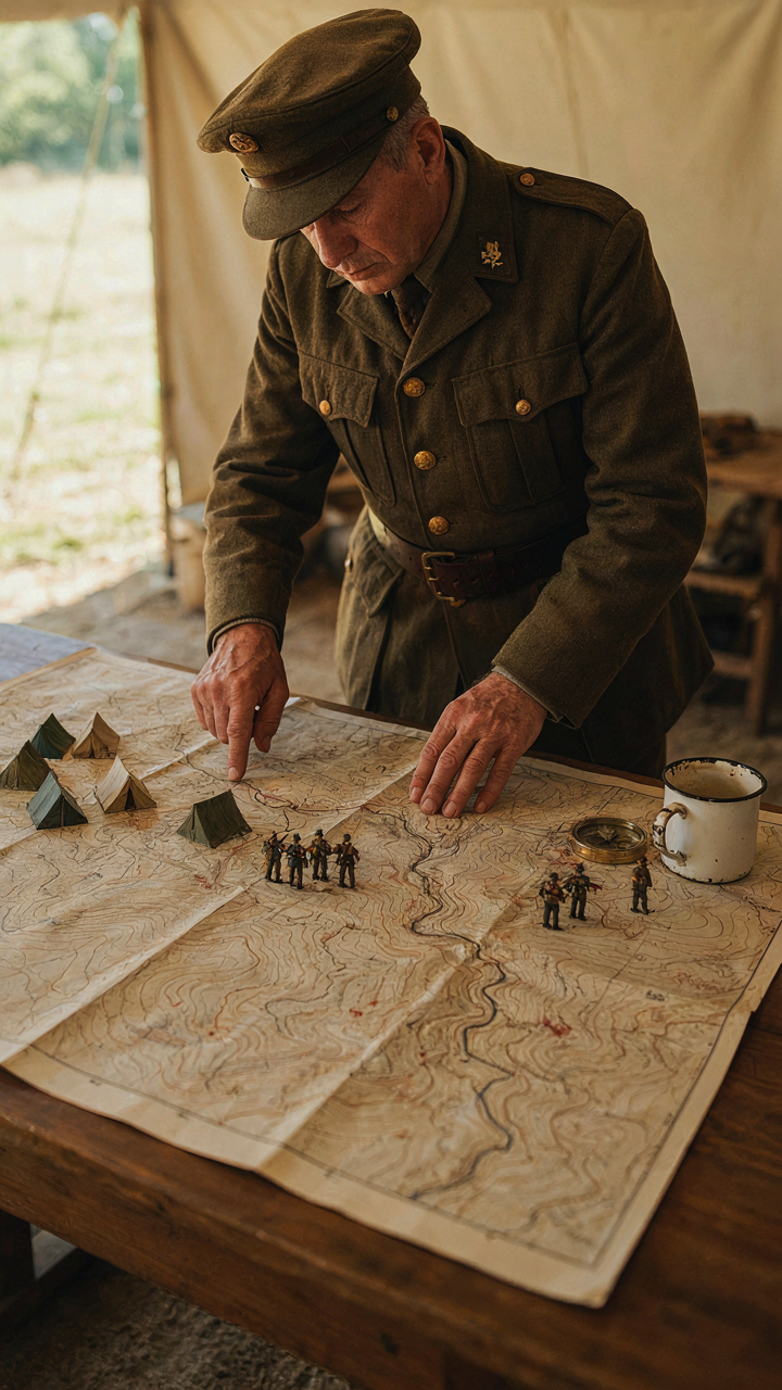 A general points to strategic troop positions on a detailed battle map.