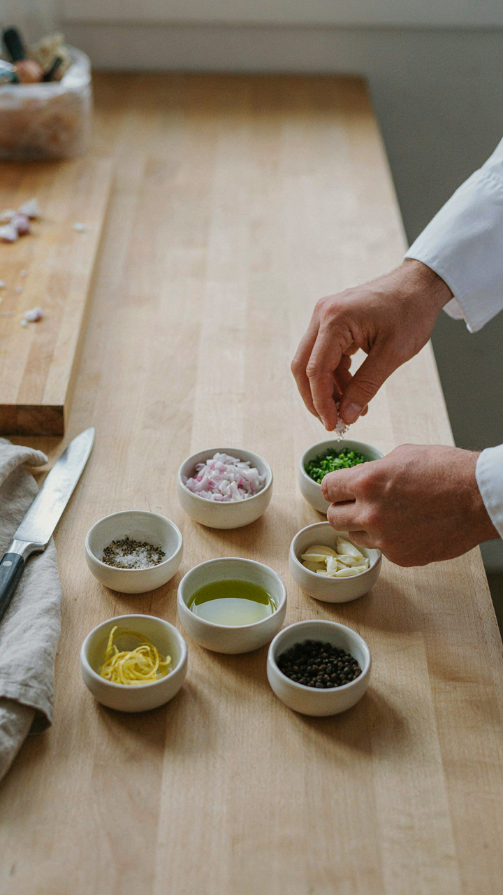 A chef's kitchen counter with perfectly organized ingredients ready for cooking.