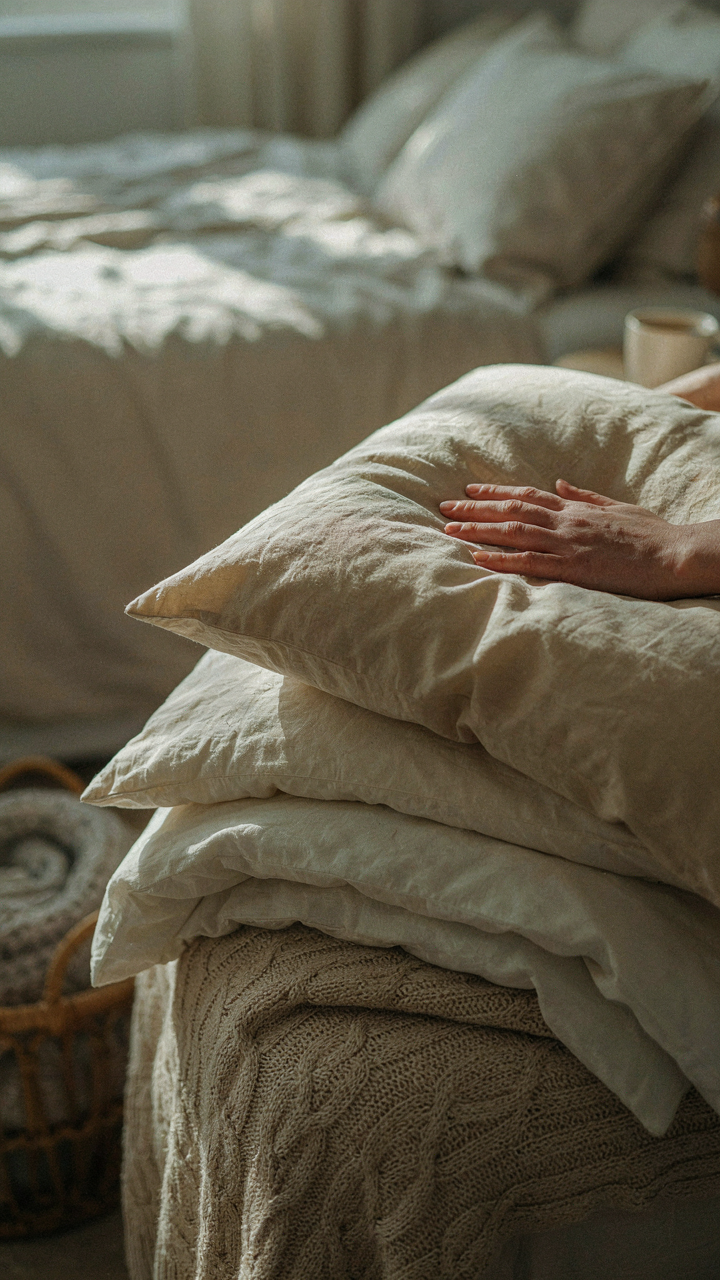 A hand touches soft, fluffy blankets and pillows on a bed.