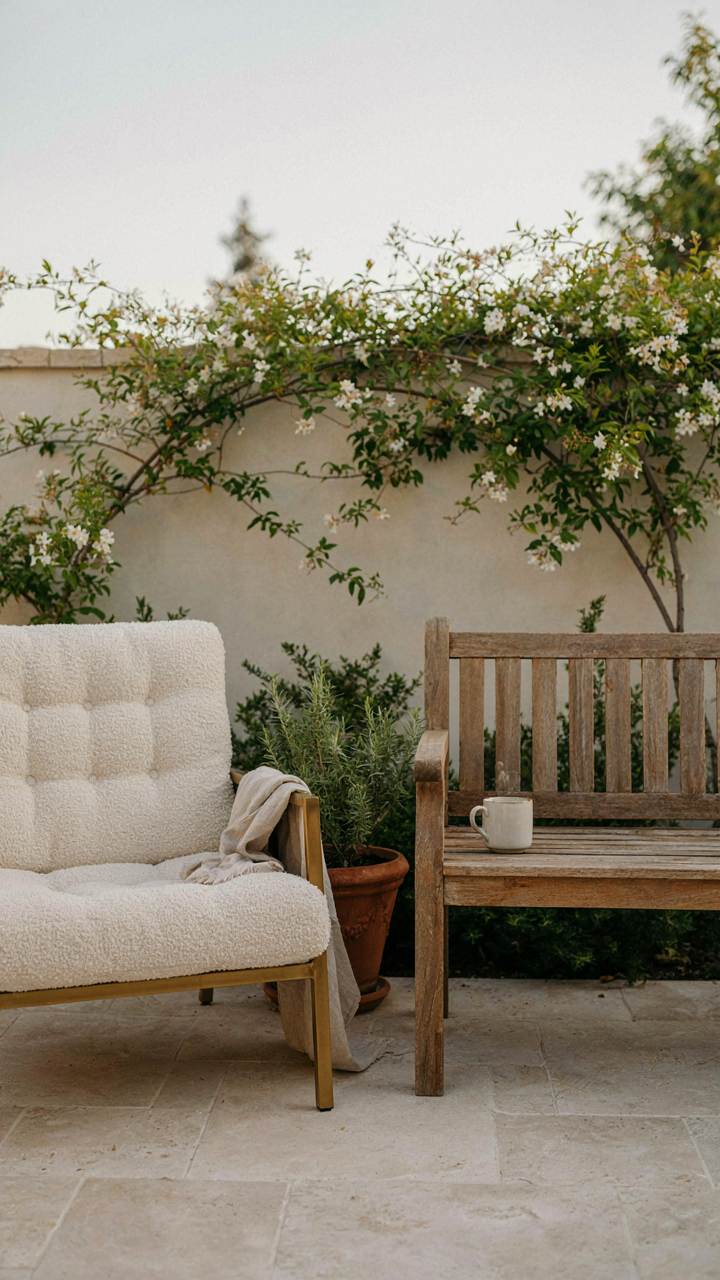 An expensive patio chair sits next to a simple wooden bench on a tiny patio.