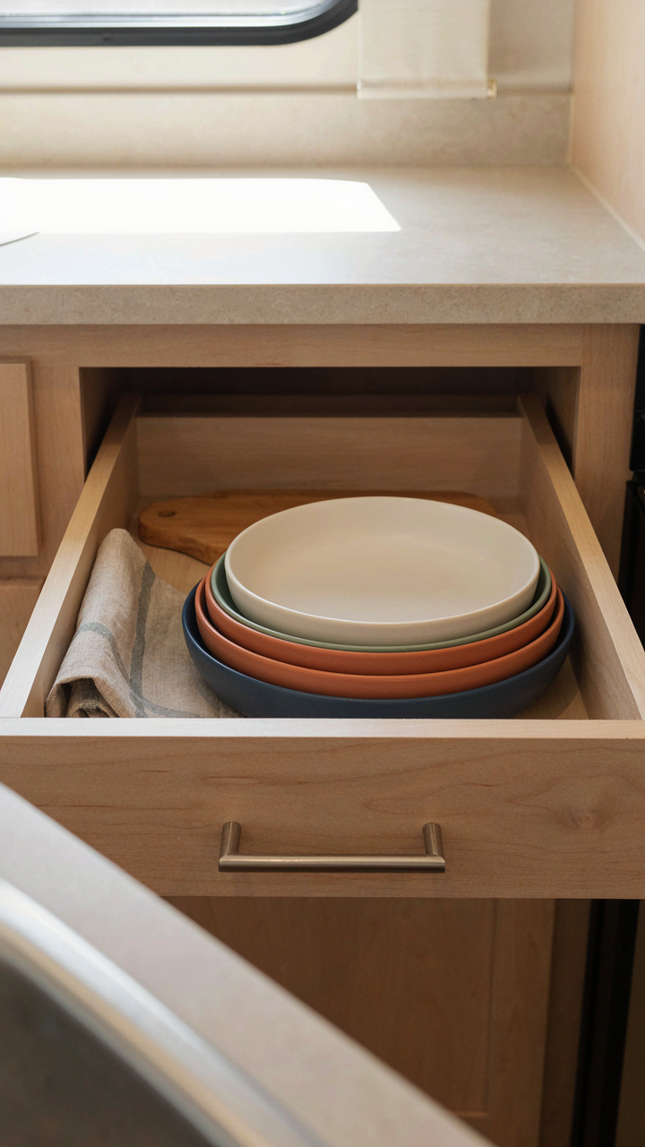 Neatly stacked, nested plates and bowls in an open rv kitchen drawer.