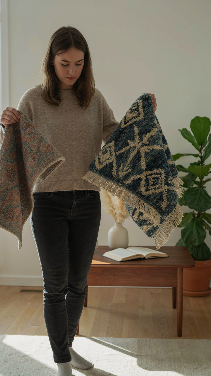 A person holds two rugs, one cheap and one durable.