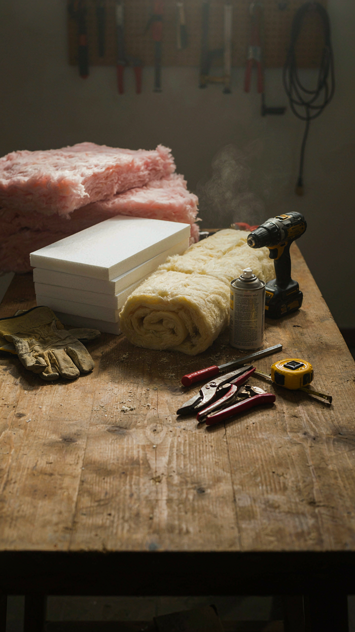 Different types of insulation materials on a workbench.