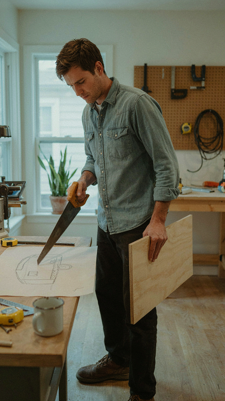 A person holding plywood and a hand saw, ready to build a diy truck bed camper.