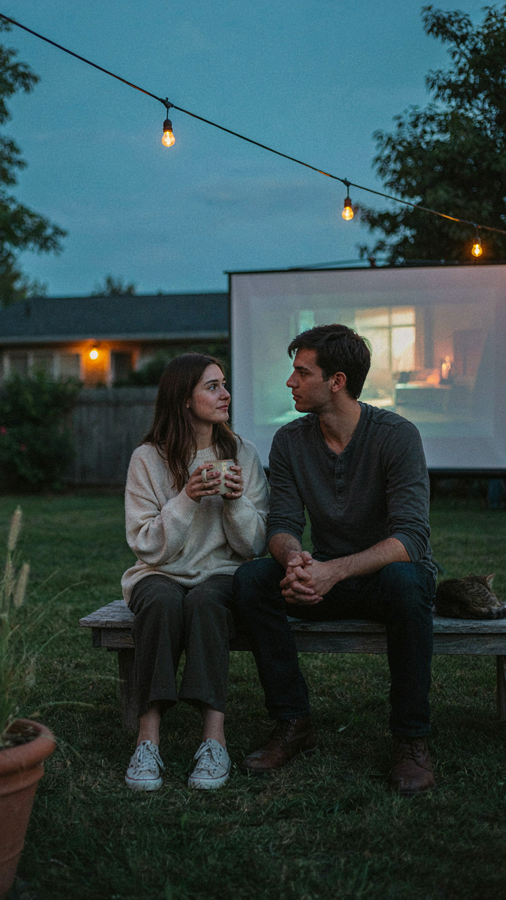 Two friends talk face to face, connecting during a backyard movie night.