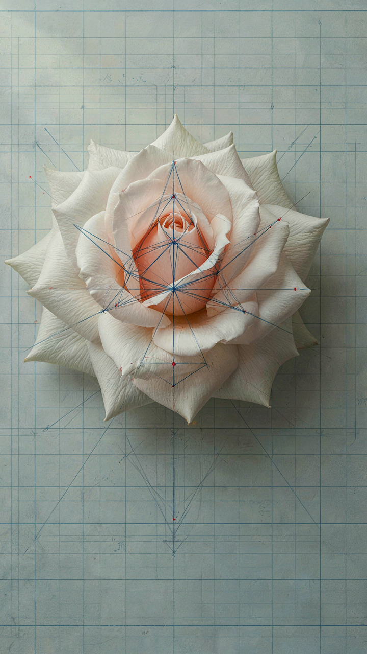 An architectural blueprint of a flower's petal shows load-bearing diagrams for its structure.