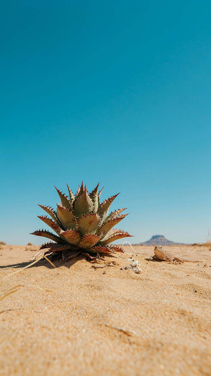 A spiky succulent plant grows in a dry desert environment.