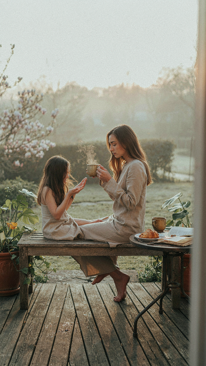 A person relaxing on a patio at dawn, surrounded by natural light and plants.
