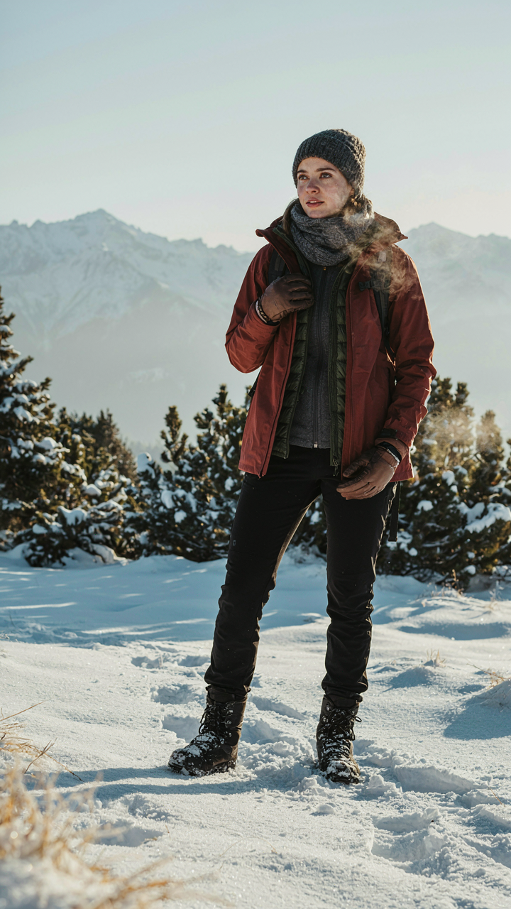 A person wears many layers of winter clothing in a snowy landscape.