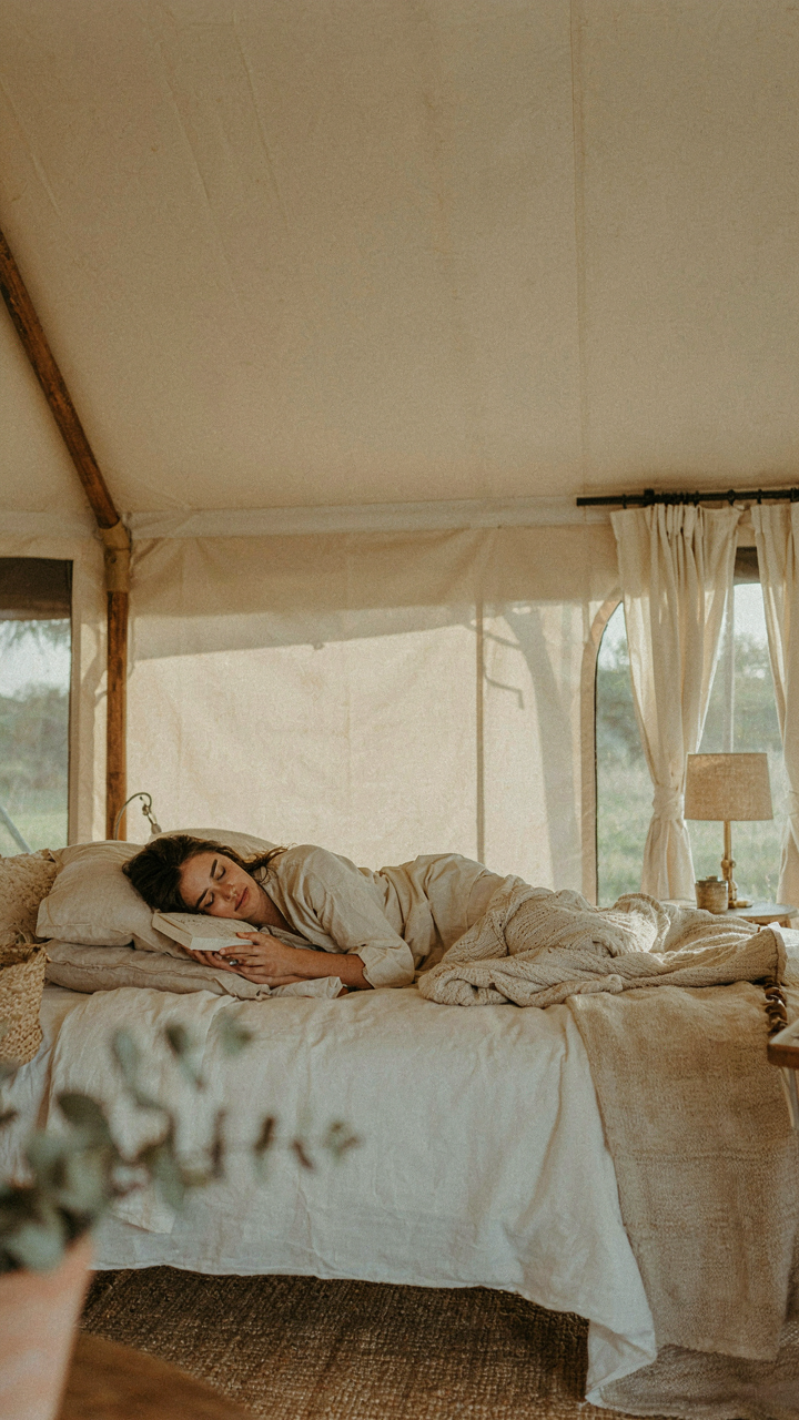 A person sleeps soundly in a comfortable bed inside a luxury tent.