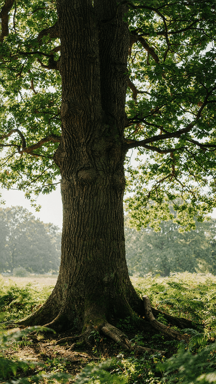 A large, old tree with strong roots in green grass.