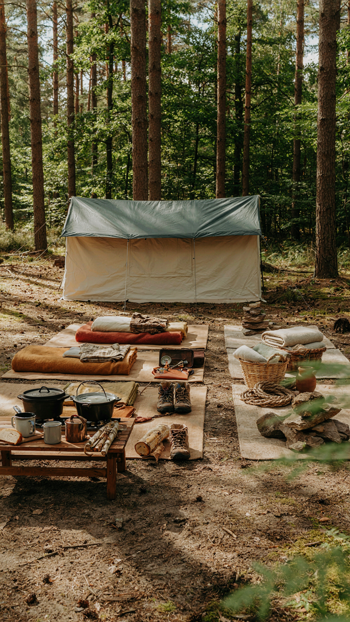 A neatly organized tent campsite with cooking, sleeping, and storage zones.