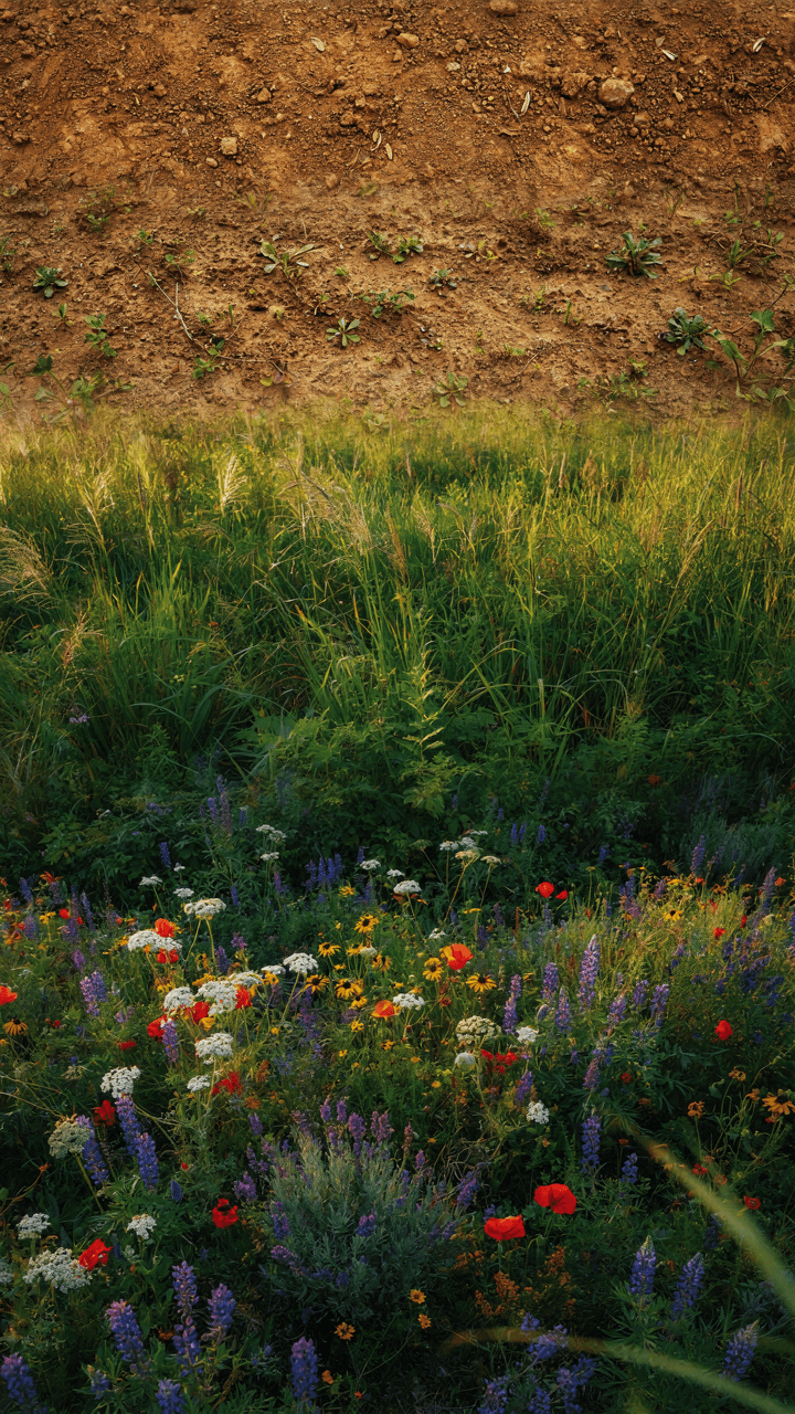 A sequence showing plants growing and changing over time in a natural area.