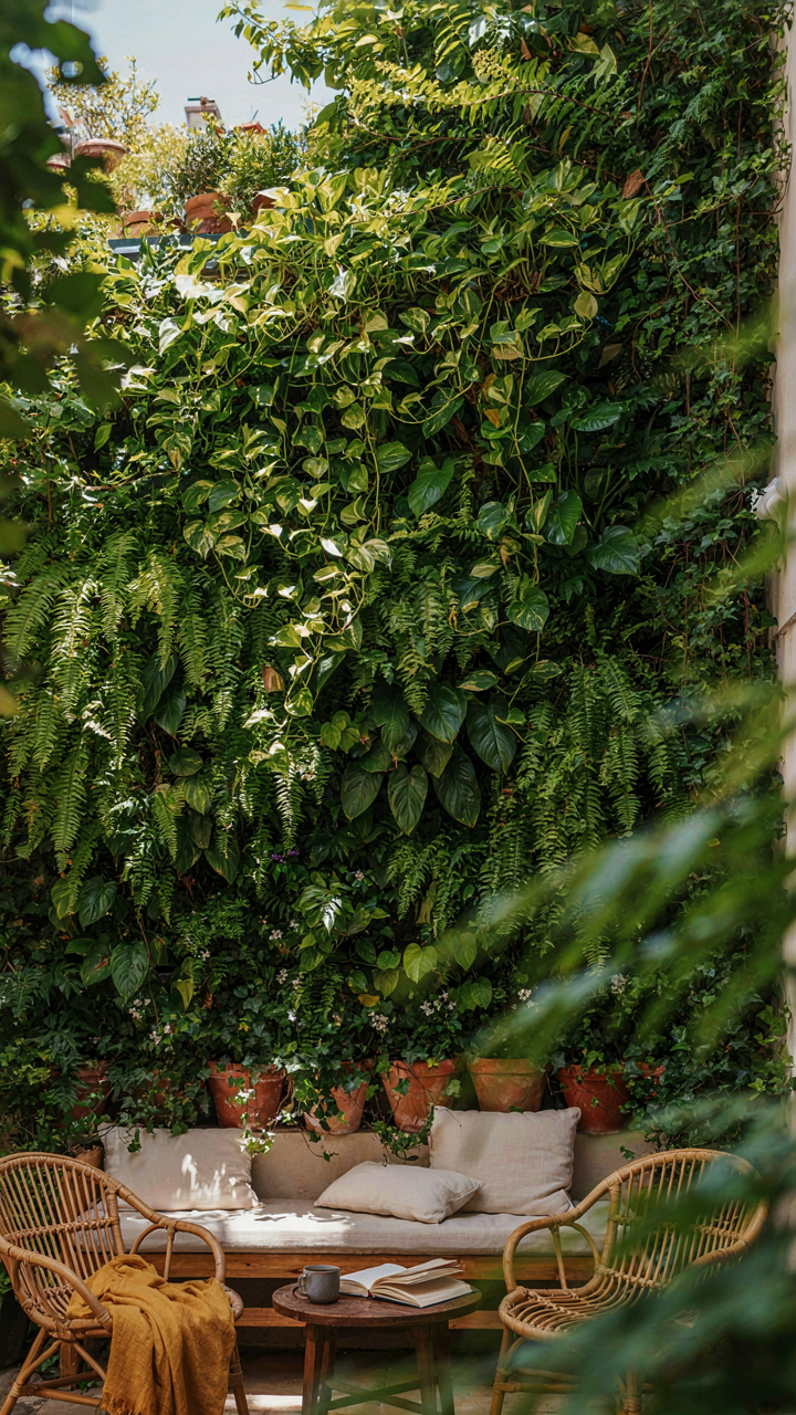 A living wall of plants creates a private, enclosed seating area on a patio.
