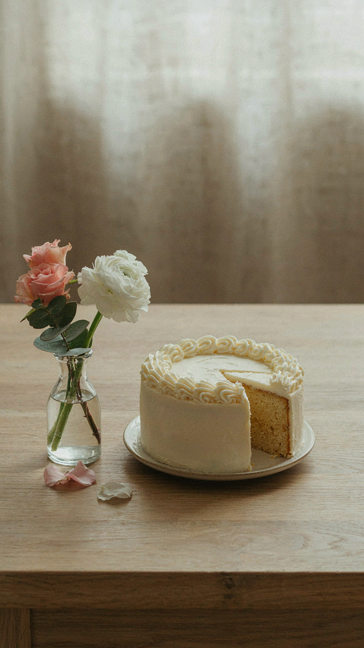 A simple wooden table with a cake and fresh flowers.