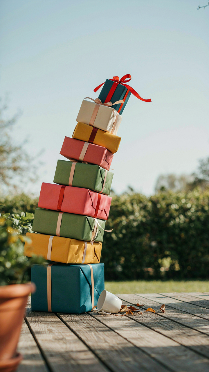 A tall, wobbly stack of gift boxes blows in the wind, about to fall.