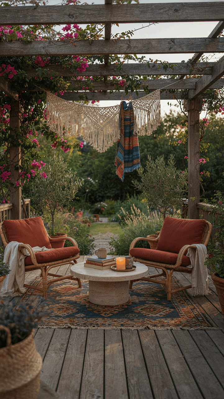 A boho deck with plants climbing on railings and a pergola.
