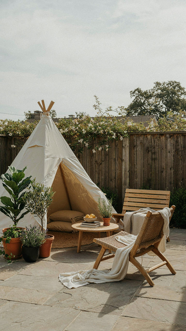 A backyard teepee tent blends seamlessly with surrounding garden decor and furniture.