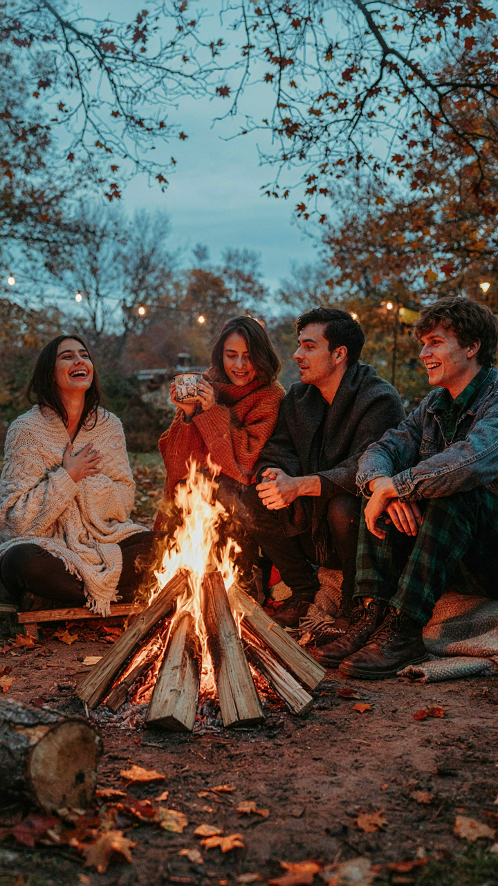 People wrapped in blankets, sitting around a fire pit on a cool evening.