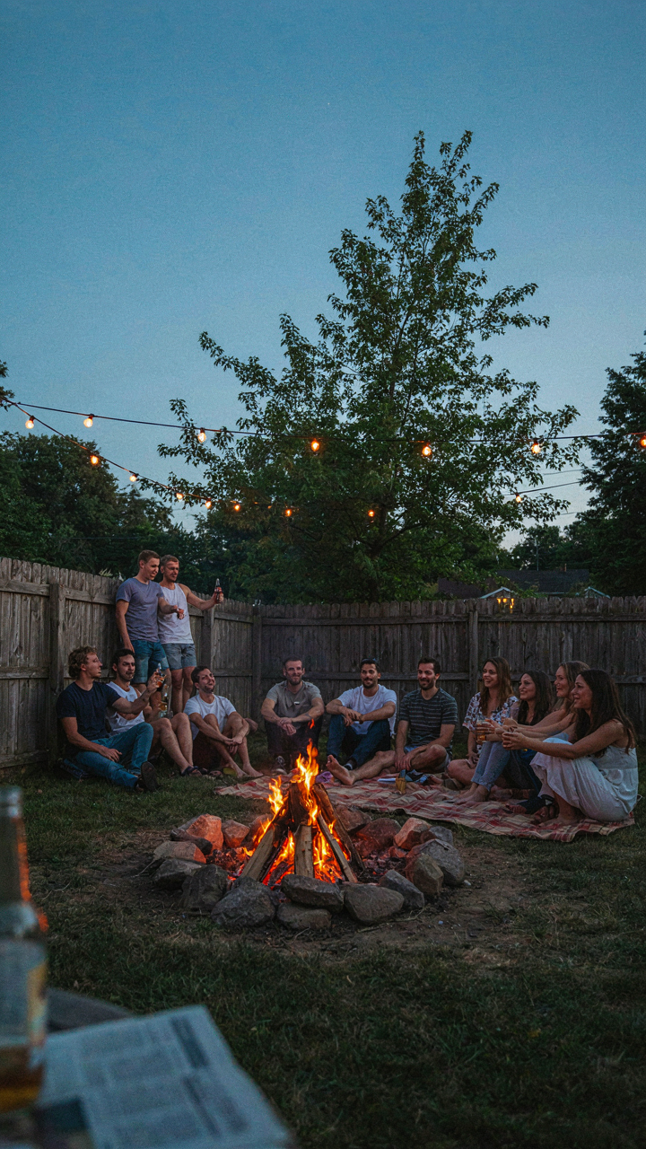 A vibrant bonfire is the central light at a backyard gathering.