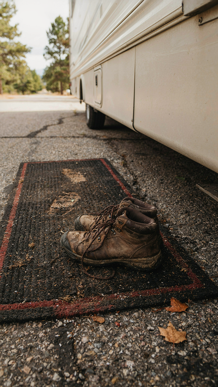 A dirty RV outdoor mat with embedded dirt, showing its limits.