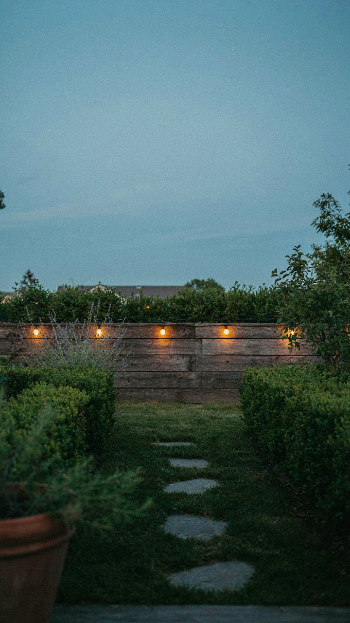 Garden lights along a fence make a small garden look bigger at twilight.