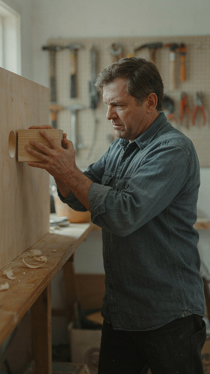 A person tries to force a large square peg into a small round hole.