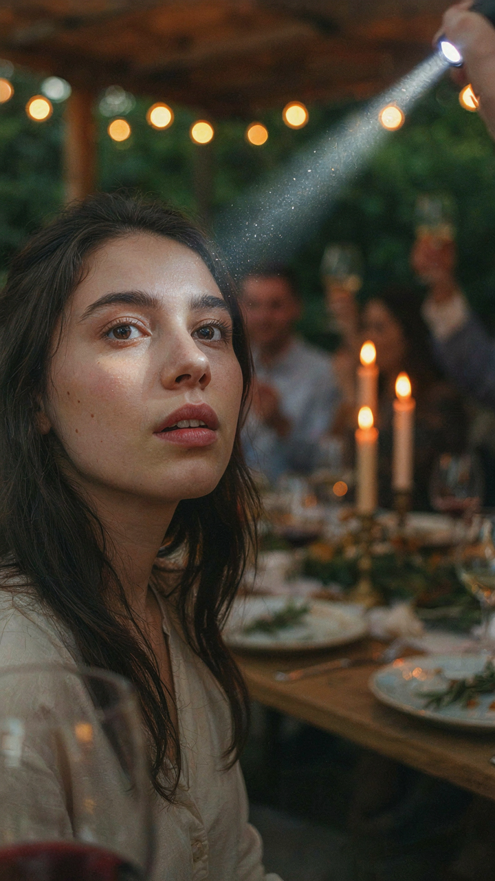 A person's pupils constrict due to a very bright light in an outdoor dinner setting.