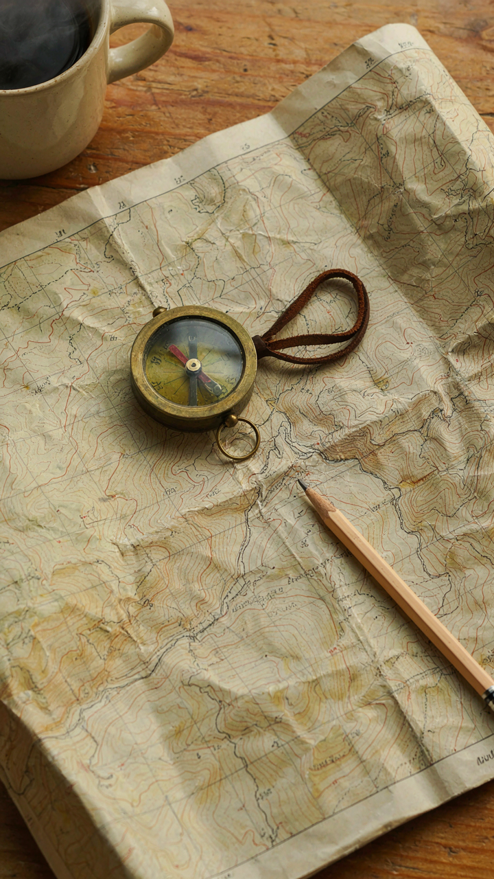 A compass pointing north on a crinkled map with a pencil drawing a line.